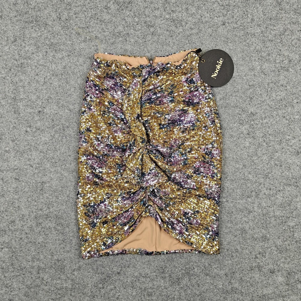Nookie Forever Skirt Womens XS Yellow Multicolor Sequin Ruched Mini Party New